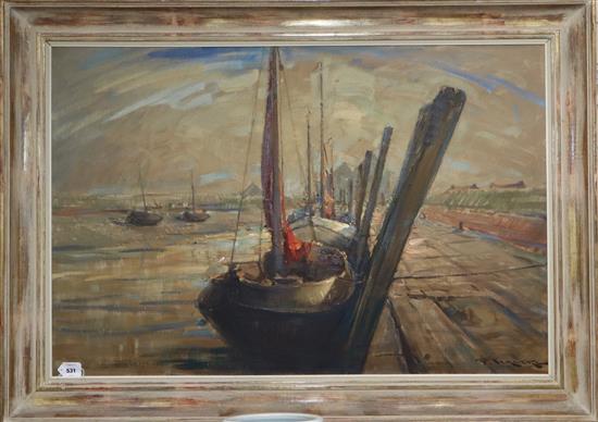 Pierre Verbeke (Belgian 1895-1962) Fishing boats in harbour 79 x 118cm